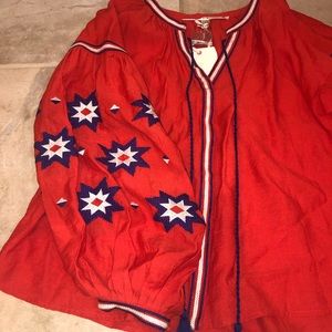 Chelsea and Violet Red and Blue Balloon Sleeve Top